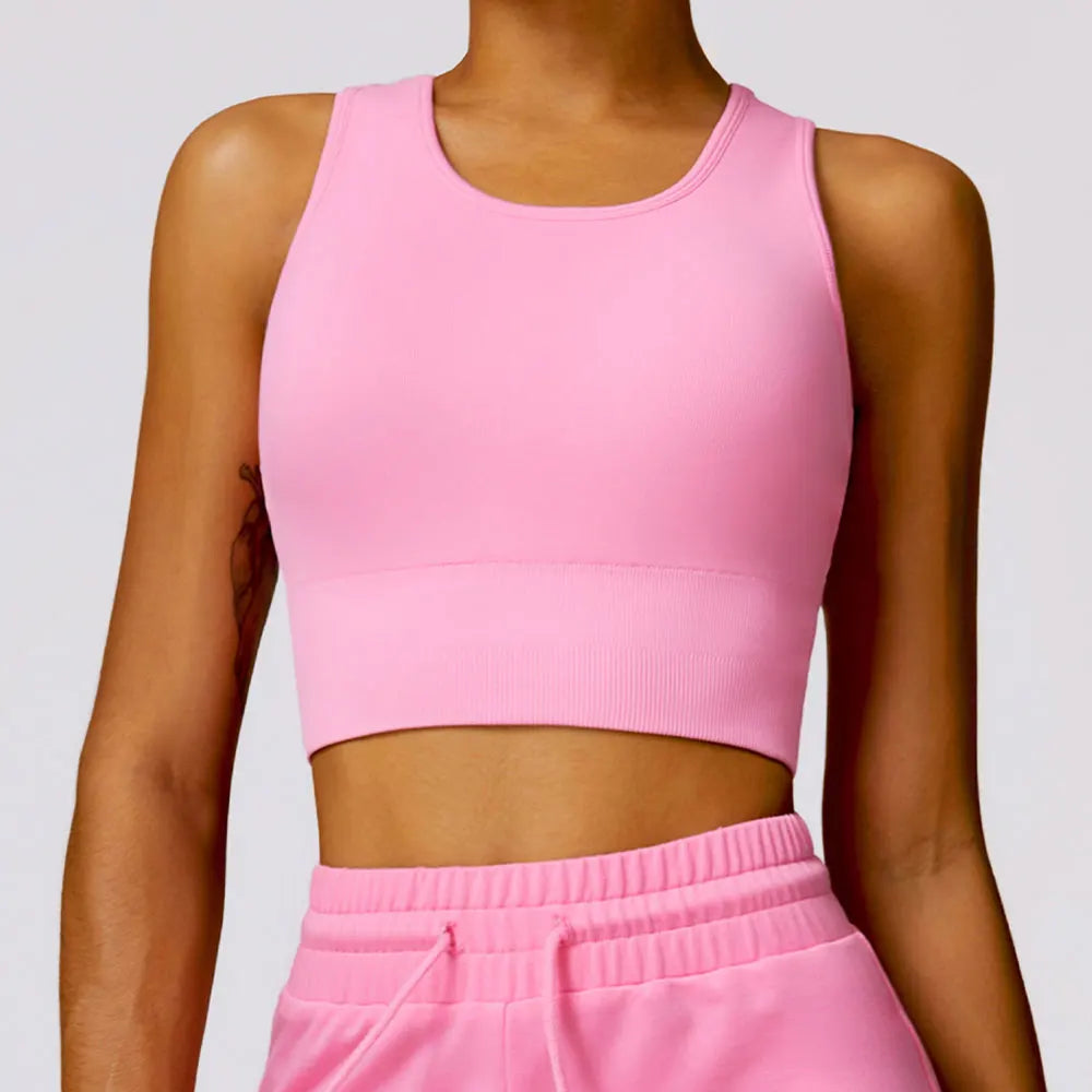 High Strength Sport Bra Women Rib-Knit Yoga Vest Round Neck Athletic