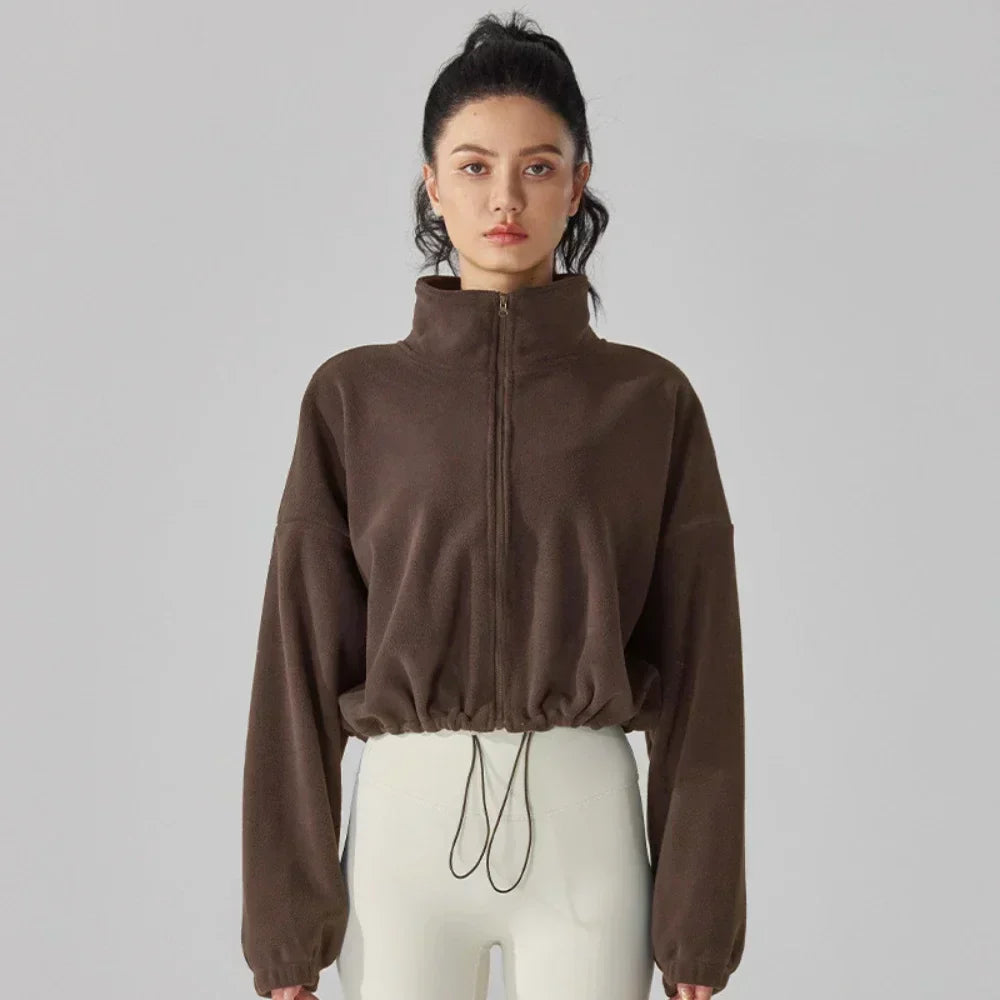 Women's Fleece Short Jacket Full Zip Stand Collar Warm Winter Sherpa Crop Coats with Drawstring Hem Gym Fitness Sports Clothing