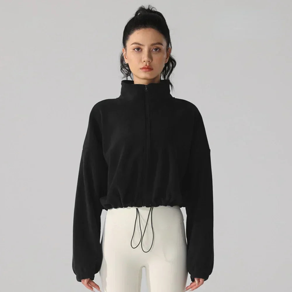 Women's Fleece Short Jacket Full Zip Stand Collar Warm Winter Sherpa Crop Coats with Drawstring Hem Gym Fitness Sports Clothing