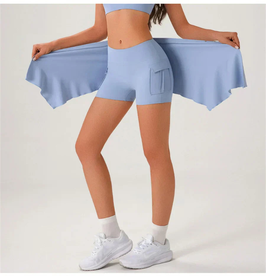 Women Gym Sports Shorts With Skirts Wrap Cover Chinlon Yoga Running Fitness Modern Dance Ballet Two Side Pockets Skorts