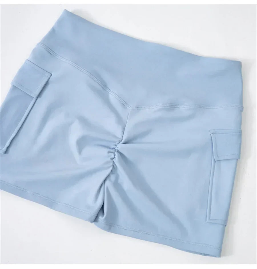 Women Gym Sports Shorts With Skirts Wrap Cover Chinlon Yoga Running Fitness Modern Dance Ballet Two Side Pockets Skorts