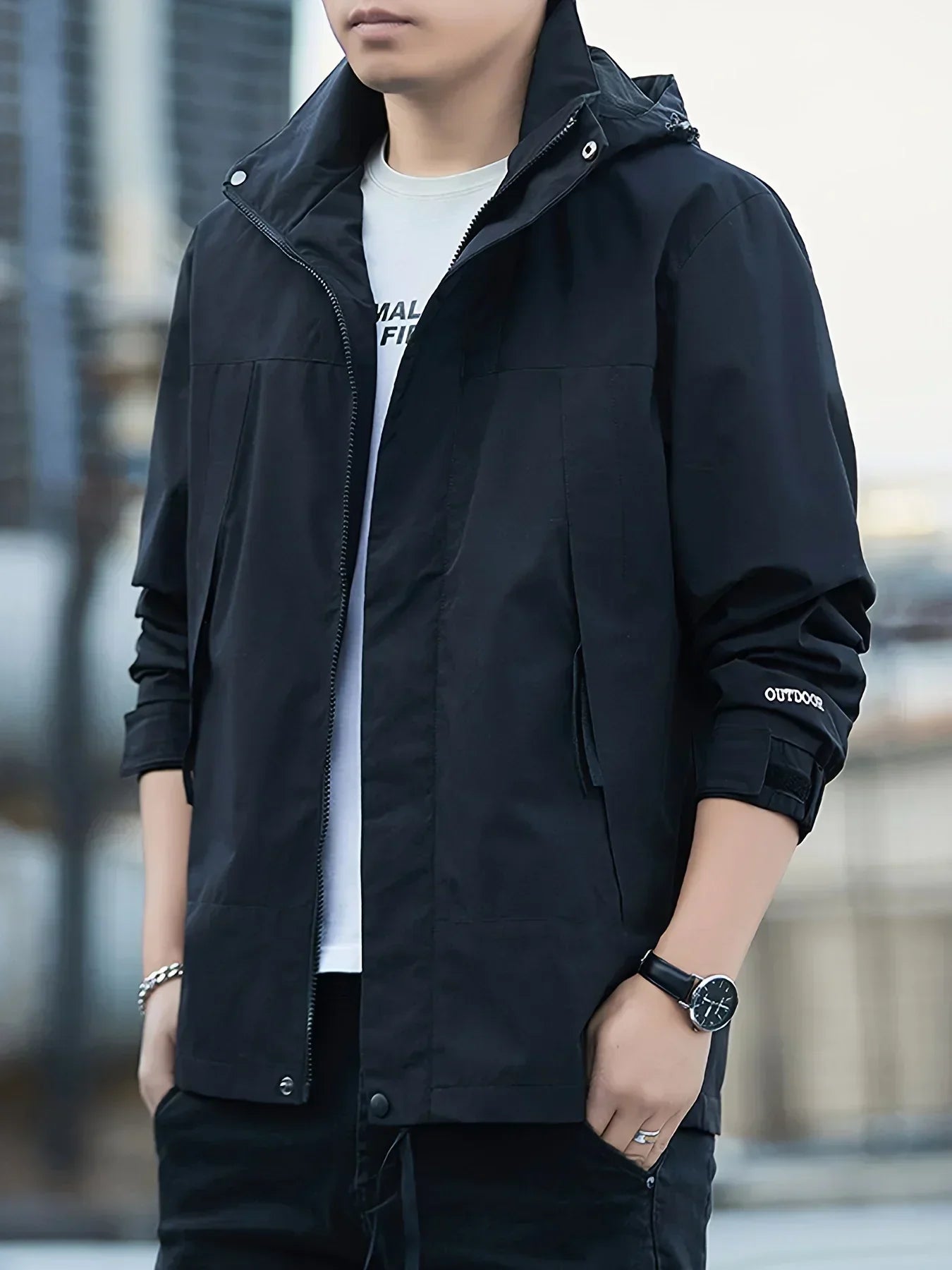 Men's Casual Hooded Jacket, Outdoor Sports Pilot Style, Lightweight Water-Resistant, Windproof, Scratch-Resistant, Breathable