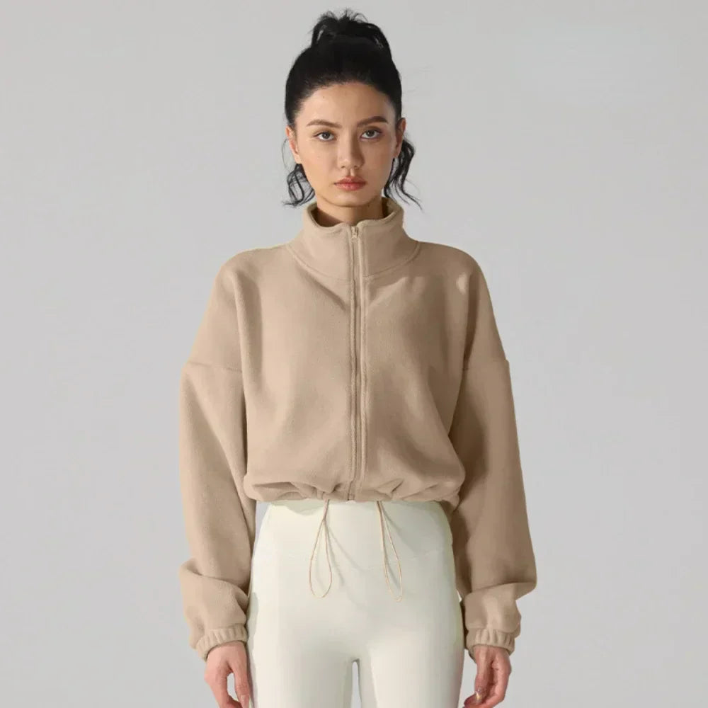 Women's Fleece Short Jacket Full Zip Stand Collar Warm Winter Sherpa Crop Coats with Drawstring Hem Gym Fitness Sports Clothing