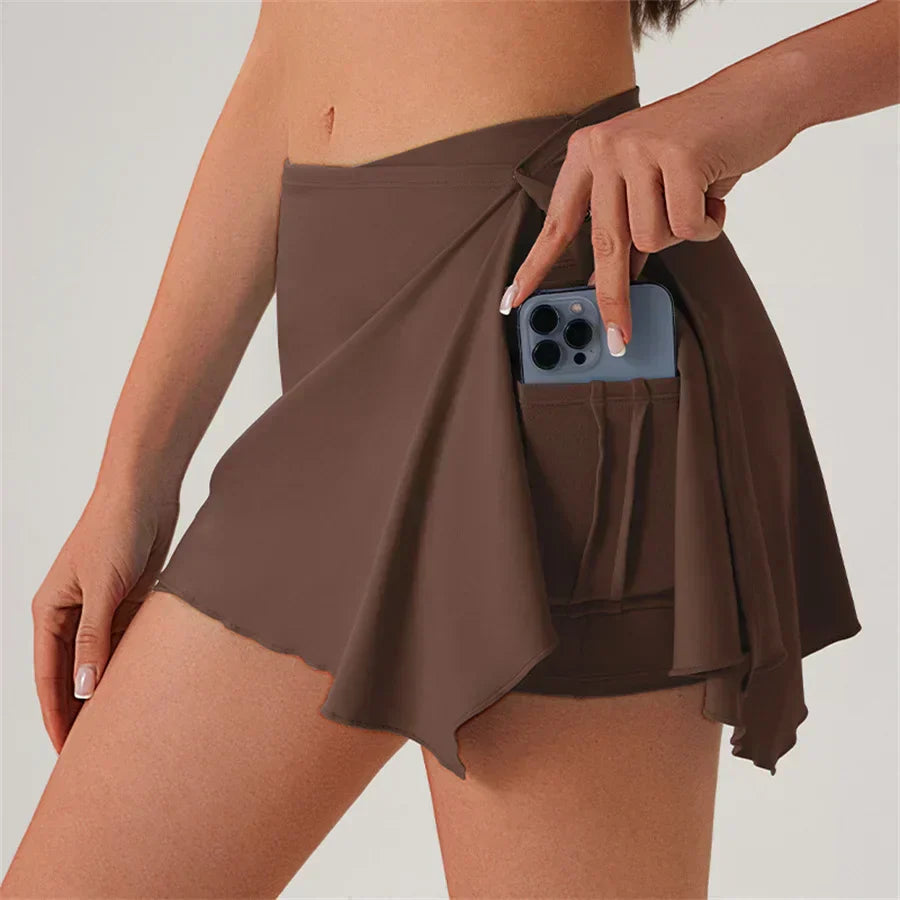 Women Gym Sports Shorts With Skirts Wrap Cover Chinlon Yoga Running Fitness Modern Dance Ballet Two Side Pockets Skorts