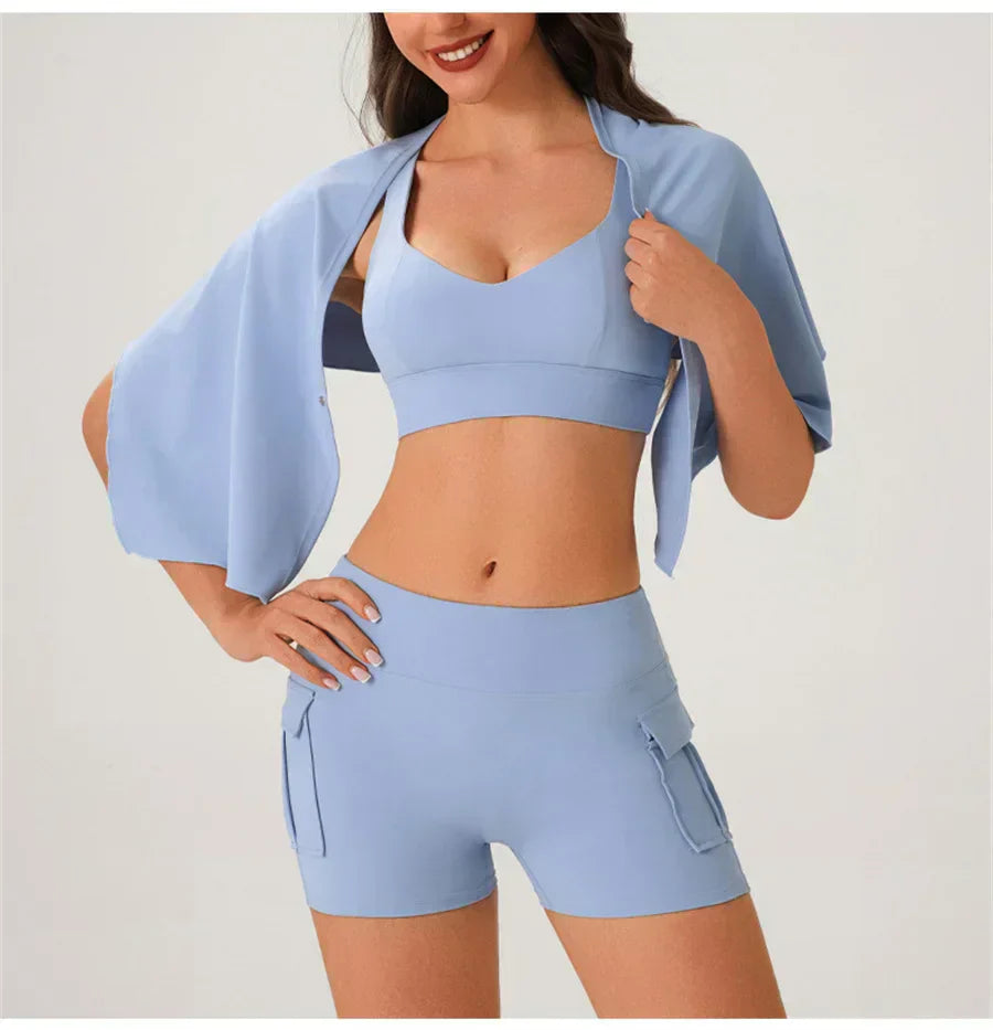 Women Gym Sports Shorts With Skirts Wrap Cover Chinlon Yoga Running Fitness Modern Dance Ballet Two Side Pockets Skorts