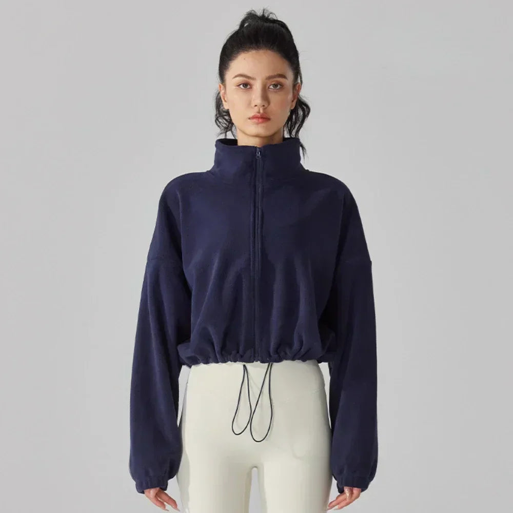 Women's Fleece Short Jacket Full Zip Stand Collar Warm Winter Sherpa Crop Coats with Drawstring Hem Gym Fitness Sports Clothing