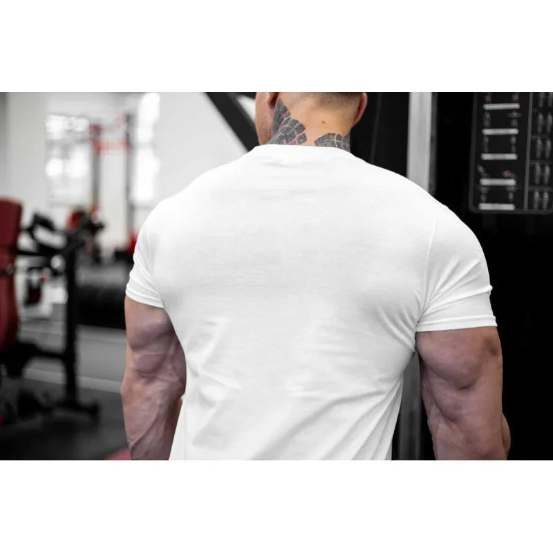 Men's Gym Fitness Clothing Man Cotton Sports Short Sleeve T-shirt Running Training Slim Printed Shirt Sweatshirt Casual Tops