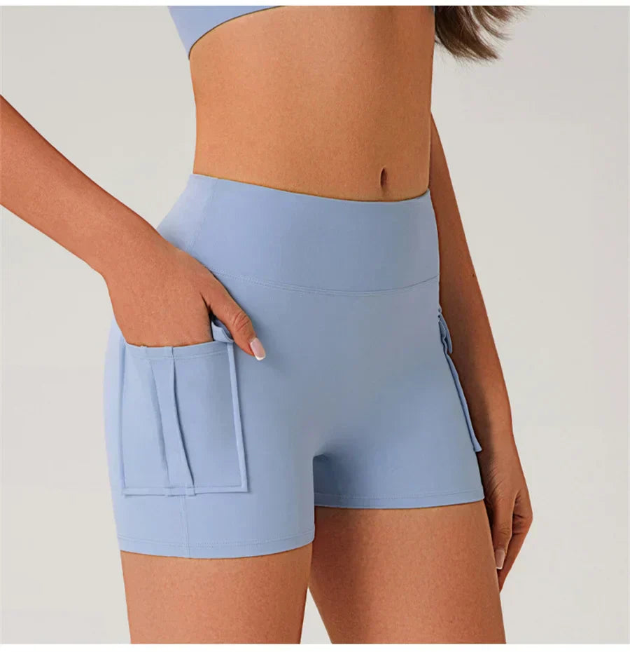 Women Gym Sports Shorts With Skirts Wrap Cover Chinlon Yoga Running Fitness Modern Dance Ballet Two Side Pockets Skorts