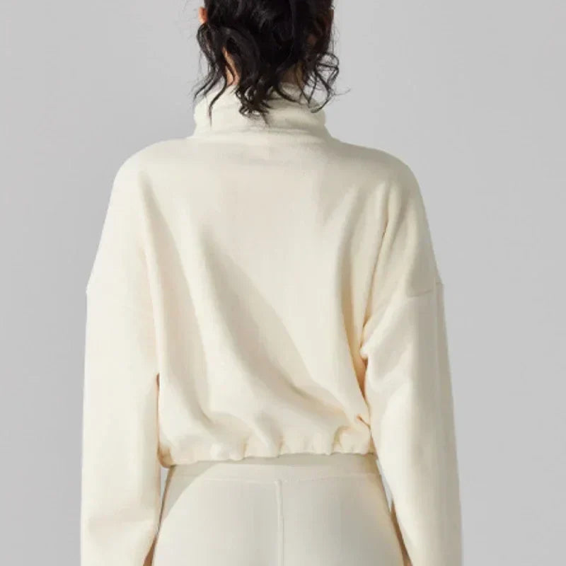 Women's Fleece Short Jacket Full Zip Stand Collar Warm Winter Sherpa Crop Coats with Drawstring Hem Gym Fitness Sports Clothing