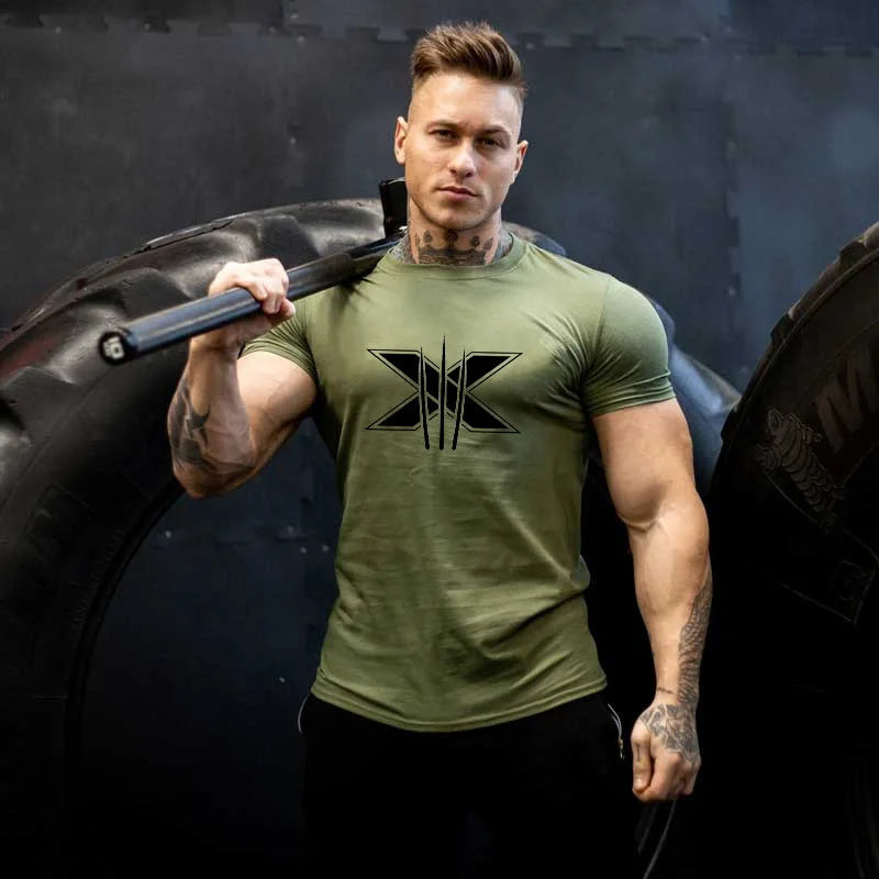 Men's Gym Fitness Clothing Man Cotton Sports Short Sleeve T-shirt Running Training Slim Printed Shirt Sweatshirt Casual Tops