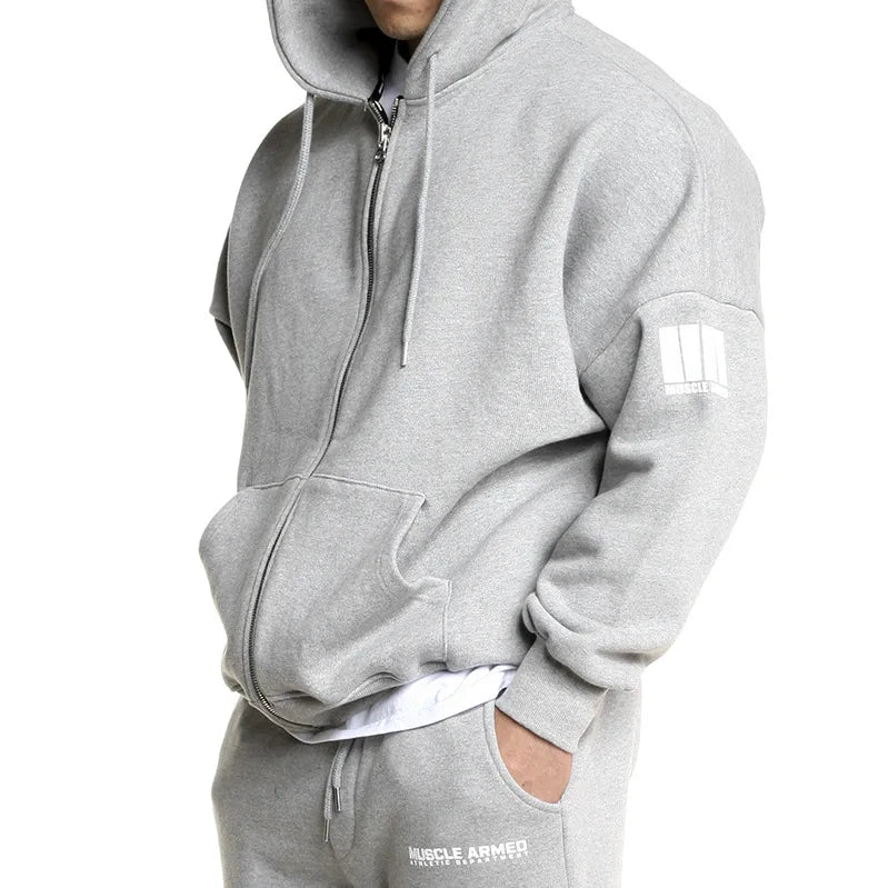 Men's Gym Muscle Fitness Oversized Hoodies Sports Casual Jacket Running Training Clothing Loose Zipper Hooded Coat Sweatshirt
