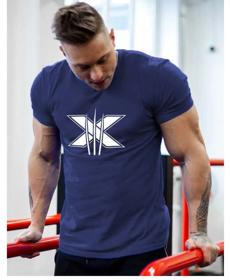 Men's Gym Fitness Clothing Man Cotton Sports Short Sleeve T-shirt Running Training Slim Printed Shirt Sweatshirt Casual Tops