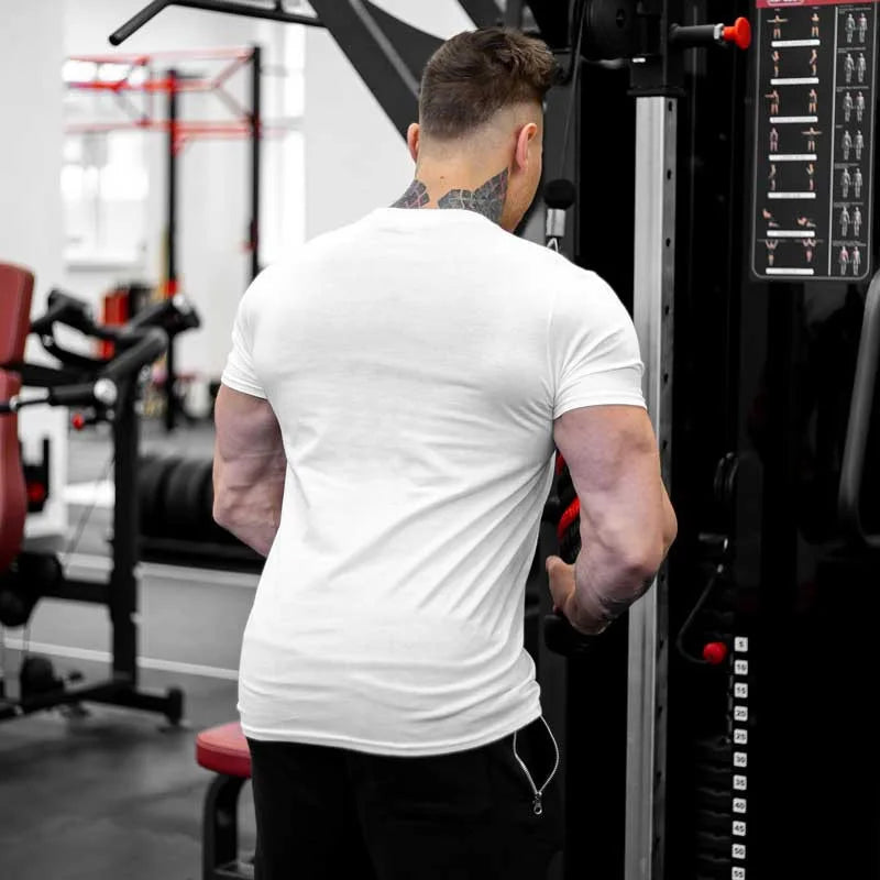 Men's Gym Fitness Clothing Man Cotton Sports Short Sleeve T-shirt Running Training Slim Printed Shirt Sweatshirt Casual Tops