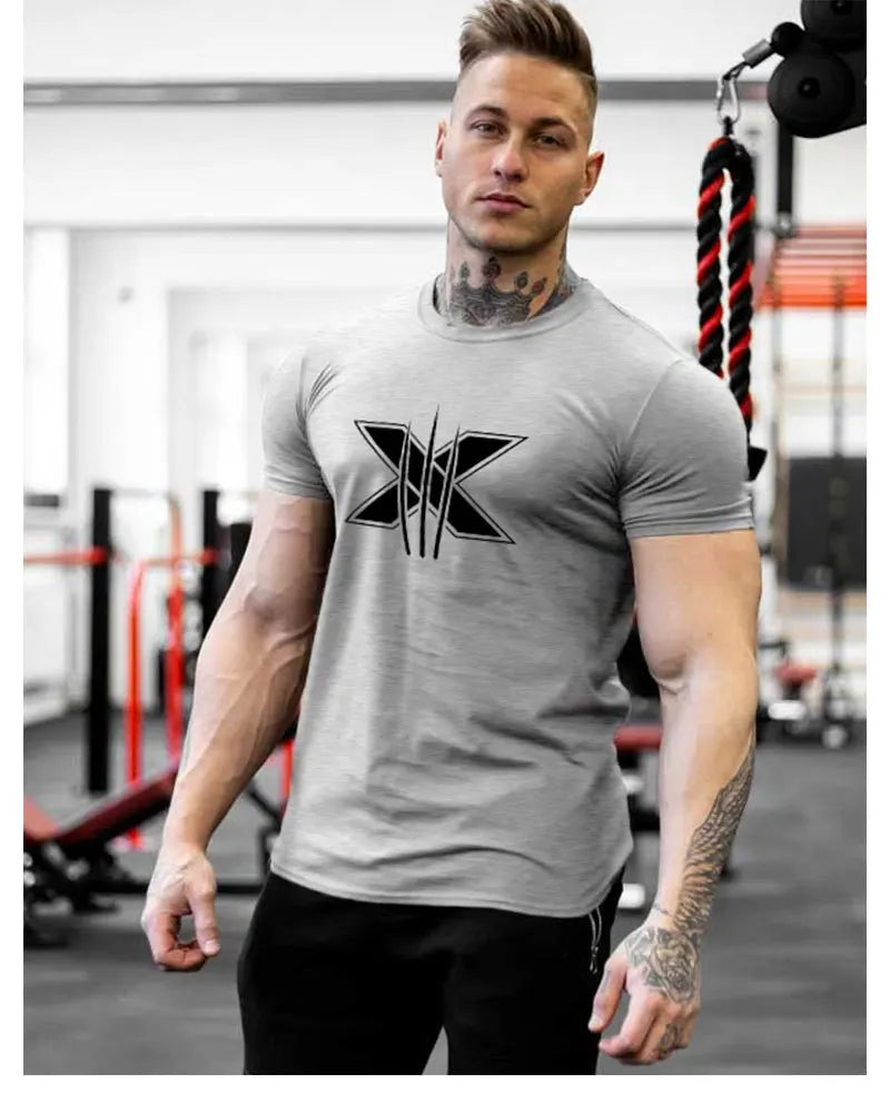 Men's Gym Fitness Clothing Man Cotton Sports Short Sleeve T-shirt Running Training Slim Printed Shirt Sweatshirt Casual Tops